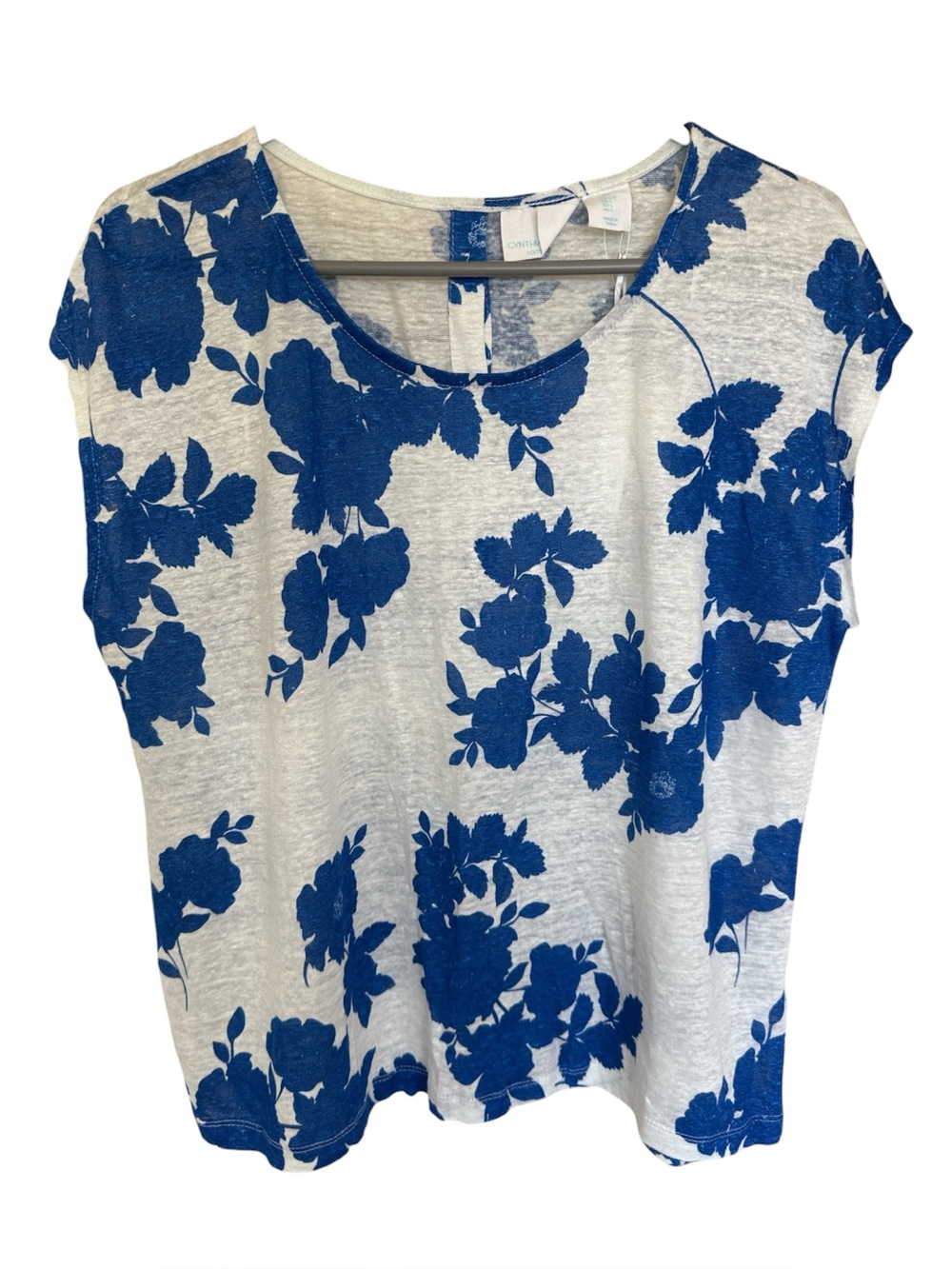 Cynthia Rowley Linen Blue and White Floral Print Tee size Large NWT